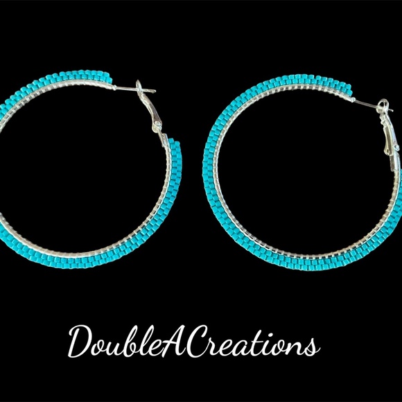 Turquoise Beaded 2” Hoops, New, Handmade by Me - Picture 4 of 4
